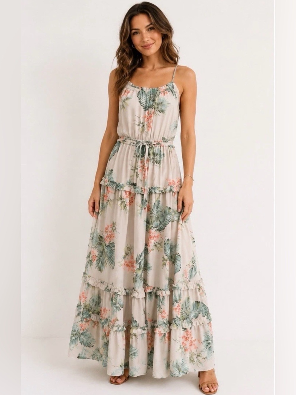 Lost + Wander Maxi Dress Small Tropical Boho Tassel Tie Tiered Ruffle Hem